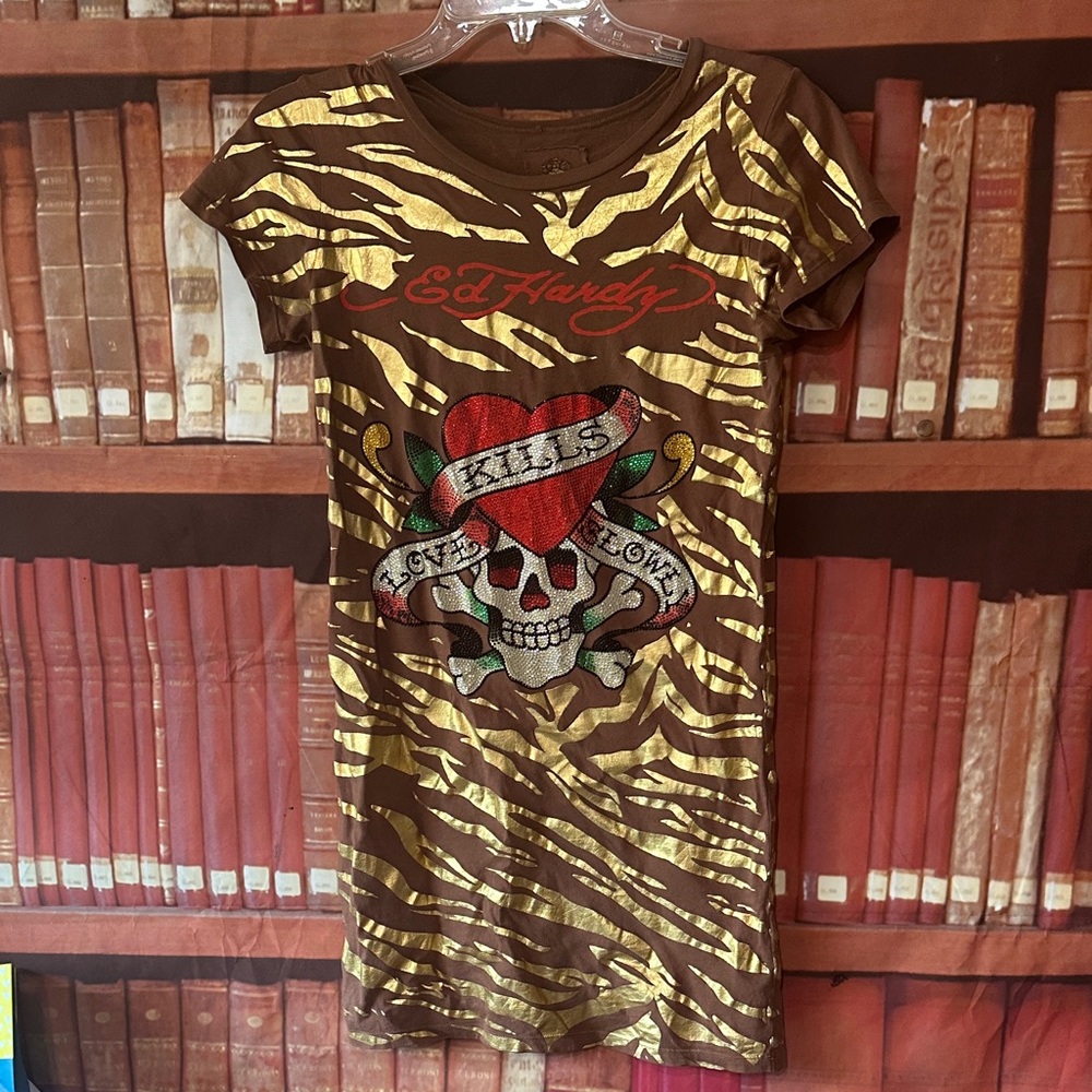 Ed Hardy “Love Kills Slowly” Jeweled‎ Shirt / mini-dress / tunic Medium Cotton